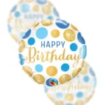Balon Foliowy  Happy Birthday 18" niebieskie i złote kropki