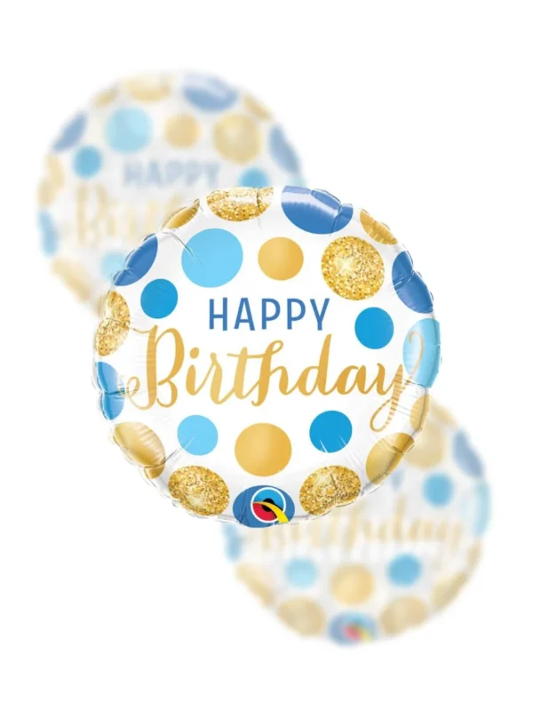 Balon Foliowy  Happy Birthday 18" niebieskie i złote kropki - Z helem