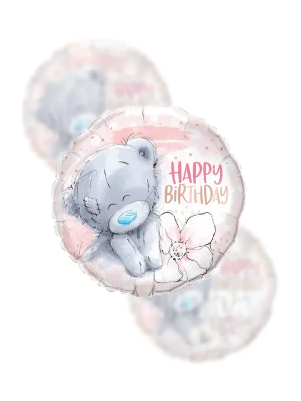 Balon Foliowy  Happy Birthday 18" Pluszowy miś z kwiatkiem - Z helem