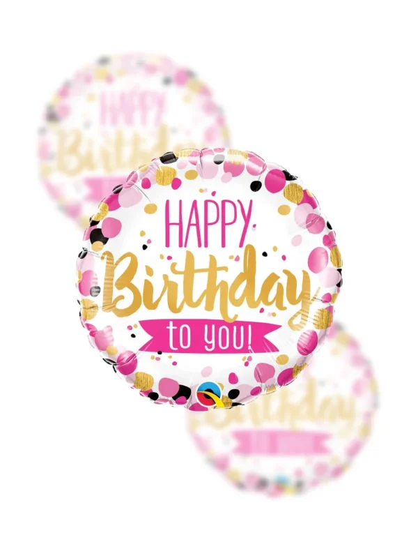 Balon Foliowy Happy Birthday to you 18" różowe, złote i czarne kropeczki - Z helem